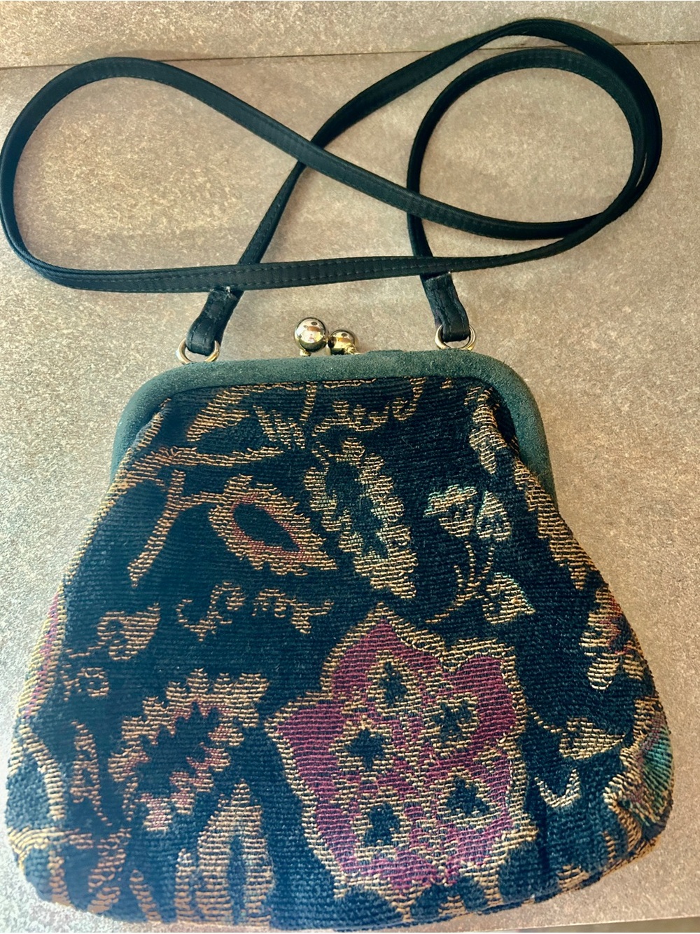 Liz Claiborne vintage Black Floral Tapestry Crossbody with kiss lock closure